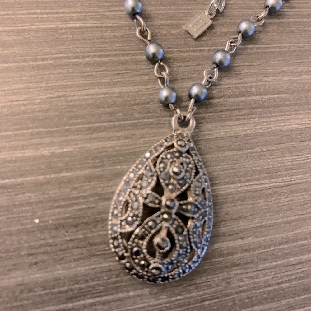 Gorgeous Stationed Marcasite Pendant, Station Pearls Silver Chain Necklace